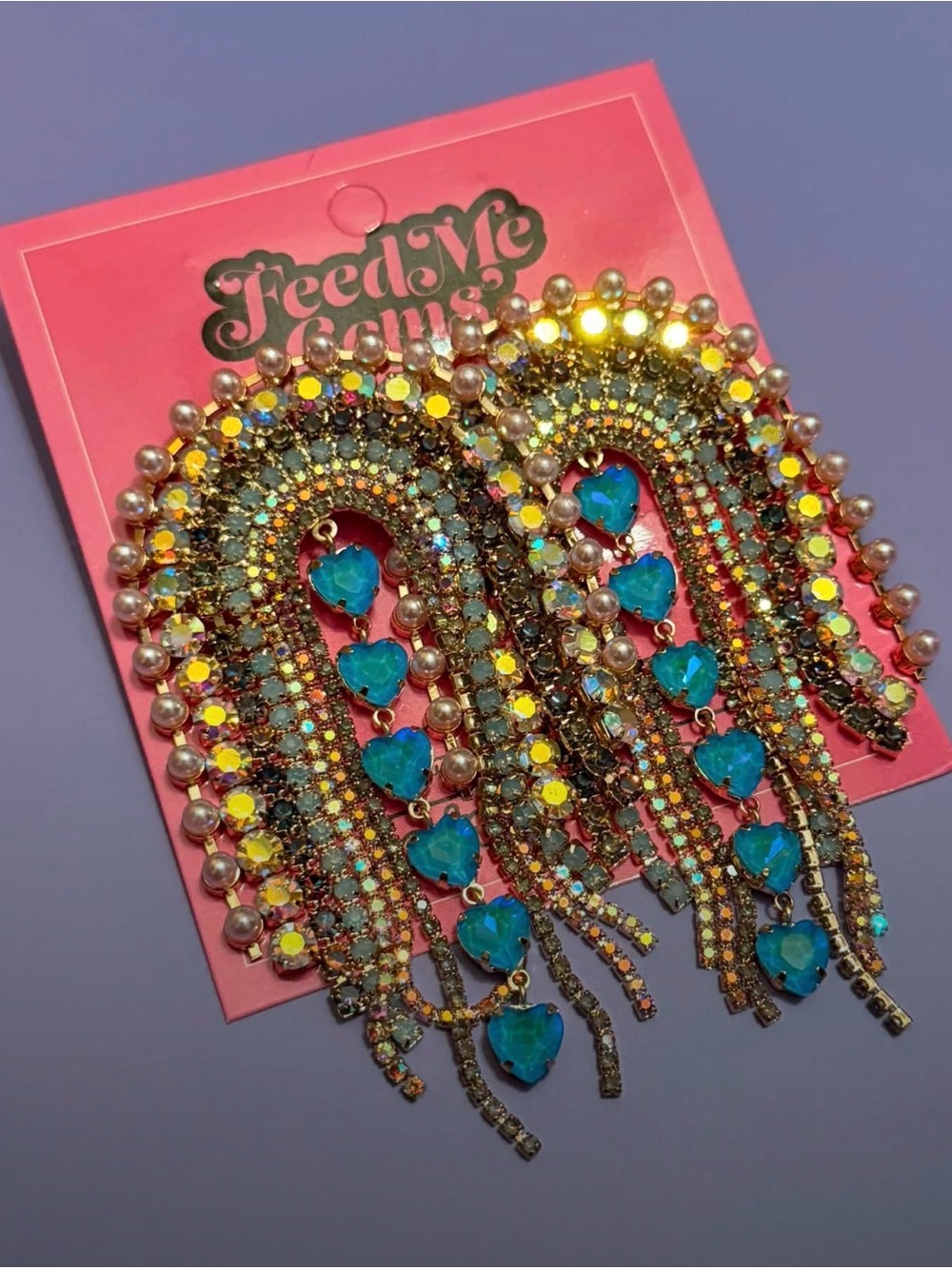 Feed me Gems  Heart Cascade Rhinestone Earrings/ sold out brand new